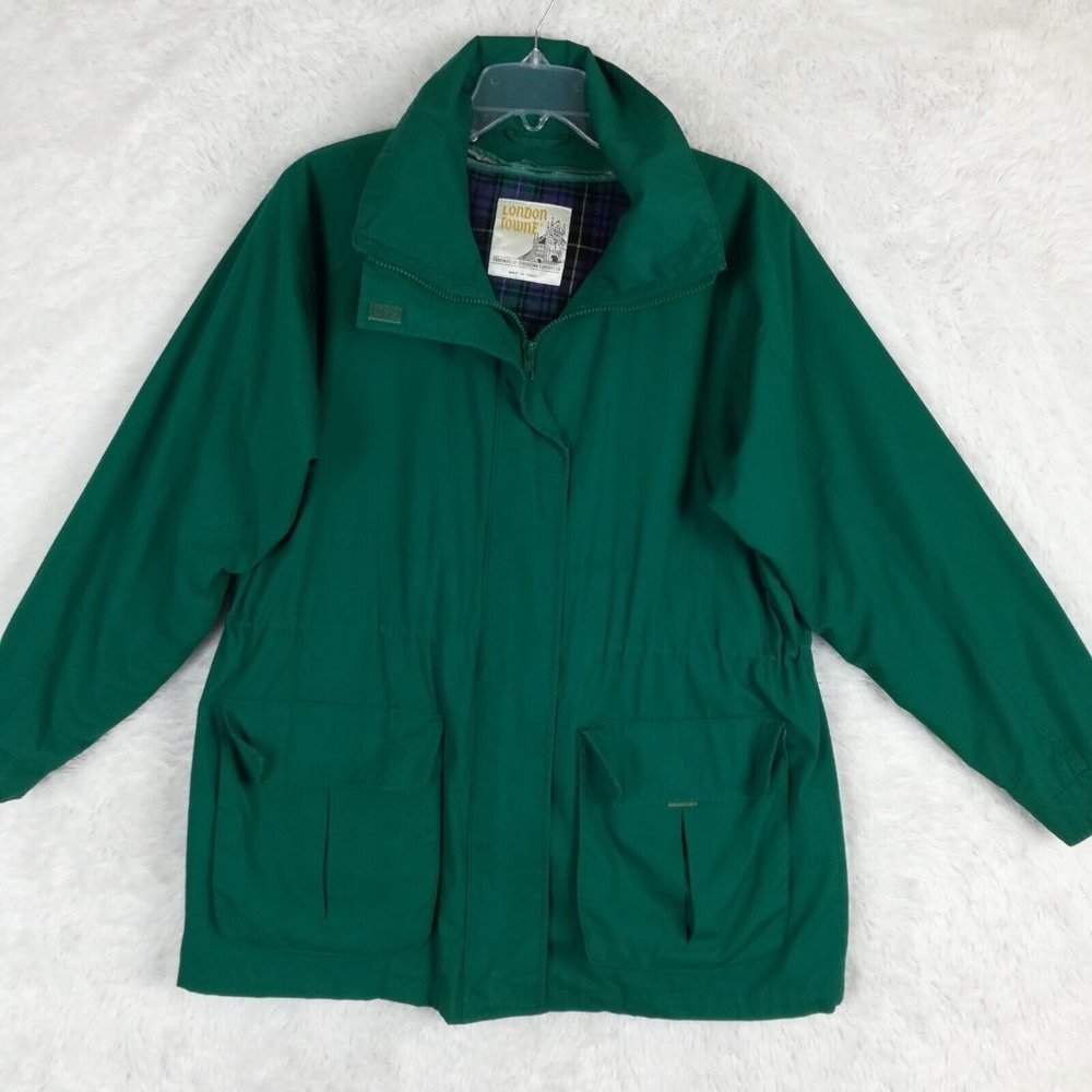 London Towne Womens Coat Green Zip‎ Front Collared Removable Liner Long L